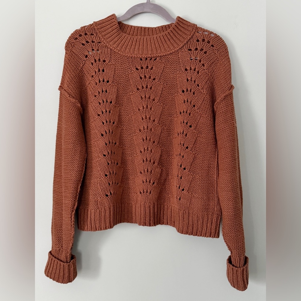Free People Bell Song Crewneck Chunky Knit Sweater Brown Cotton Blend Medium - Picture 4 of 8